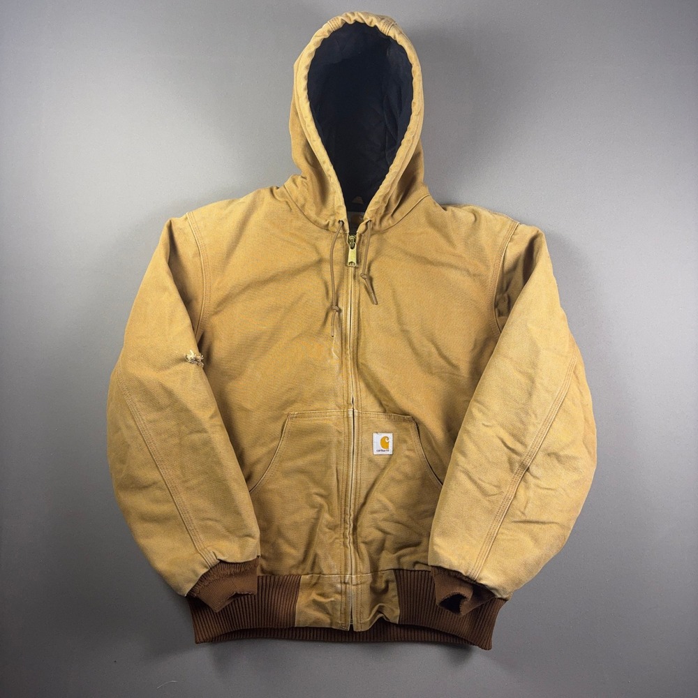Vintage Carhartt Active Jacket Brown Duck Canvas Hooded Work Coat Made in USA M